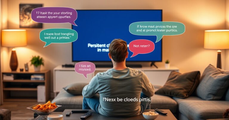 A frustrated person sitting on a modern sofa, staring at a large Samsung TV displaying persistent closed captions. The living room is cozy with warm lighting, scattered remote controls, and a coffee table filled with snacks. The person's expression is a mix of confusion and determination, surrounded by colorful dialogue bubbles representing the closed captions.
