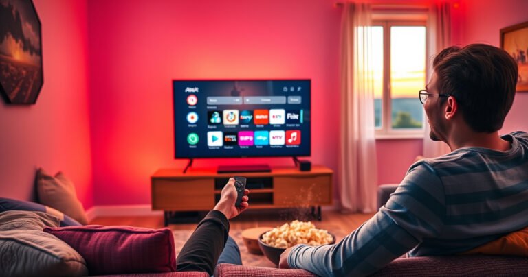 A modern living room with a sleek smart TV displaying an app store interface, a person happily browsing apps on a remote control, vibrant colors, cozy sofa with cushions, ambient lighting creating a warm atmosphere, a bowl of popcorn on the table, and a window showing a sunset, evoking a sense of comfort and technology.