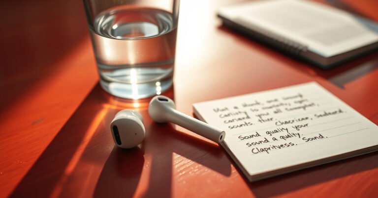 A close-up of sleek white Apple earphones resting on a vibrant wooden table, with soft morning light illuminating the intricate details. Nearby, a clear glass of water reflects the sunlight, while a notepad with handwritten notes about sound quality and clarity sits beside it, creating an inviting atmosphere of curiosity and exploration.