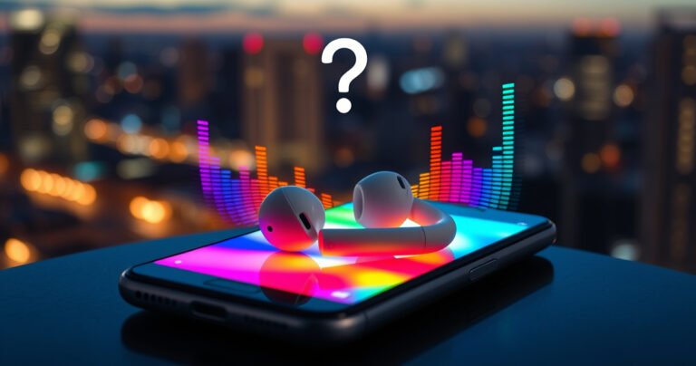 A sleek pair of Apple Earphones resting on a vibrant Android smartphone, surrounded by colorful sound waves emanating from the phone. The background features a blurred cityscape at dusk, with glowing lights reflecting the merging technology. A subtle question mark hovers above, symbolizing curiosity and compatibility between devices.