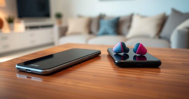 A sleek pair of Bose earbuds resting on an elegant wooden surface alongside an iPhone, their vibrant colors contrasting against the warm hues of the wood. Soft ambient lighting highlights the earbuds, while a subtle background of a cozy living room suggests comfort and modern technology, inviting viewers to explore compatibility and setup ease.