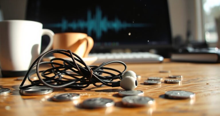 A close-up of worn, tangled earbuds resting on a wooden desk, surrounded by scattered coins and a half-drunk cup of coffee. The sunlight casts soft shadows, highlighting tiny dust particles floating in the air. In the background, a blurred computer screen displays a sound wave graph, symbolizing the fading audio experience.