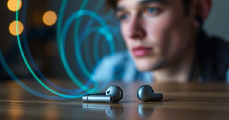 A close-up of a pair of sleek, modern earbuds resting on a wooden table, surrounded by an ethereal glow of swirling blue and green light, symbolizing invisible radiation waves. In the background, a blurred silhouette of a person listening intently, with a thoughtful expression, emphasizing the connection between technology and health awareness.