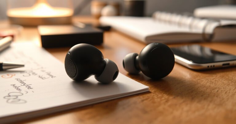 A close-up view of a pair of sleek earbuds resting on a wooden desk, one earbud slightly tilted to reveal a small microphone mesh. Surrounding them are scattered tech gadgets, a notepad with hastily written notes, and a soft glow from a nearby lamp, creating a cozy, tech-savvy atmosphere.