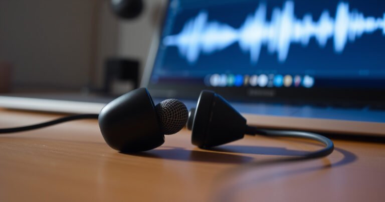 A close-up of modern earphones resting on a sleek wooden table, with one earbud removed to reveal a tiny microphone nestled inside. Soft ambient light casts gentle shadows, while a blurred laptop screen in the background shows sound waves, symbolizing audio technology. The composition conveys a sense of curiosity and exploration in sound.
