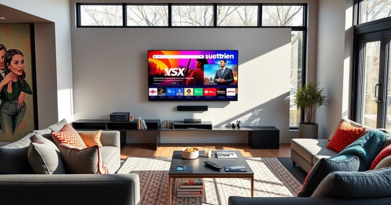 A sleek modern living room featuring a large smart TV displaying vibrant streaming content. Sunlight streams through large windows, illuminating a cozy couch adorned with colorful pillows. A coffee table holds snacks and a remote control, while smart home devices subtly blend into the decor, creating an inviting atmosphere that sparks curiosity about smart technology.