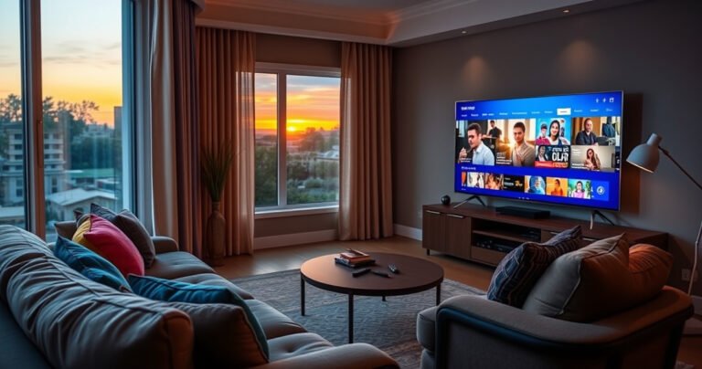 A cozy living room with a sleek smart TV displaying vibrant streaming content, a comfy couch adorned with colorful cushions, a small coffee table with remote controls scattered on it, a warm glow from soft lamps, and a window showing a sunset outside, inviting viewers to explore the intersection of technology and home entertainment.