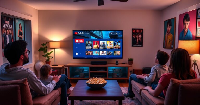 A cozy living room with a large, modern smart TV displaying the YouTube TV interface, surrounded by plush furniture, soft ambient lighting, and a bowl of popcorn on a coffee table. A family is gathered, enjoying streaming content, with colorful posters of popular shows on the walls, creating a warm, inviting atmosphere.