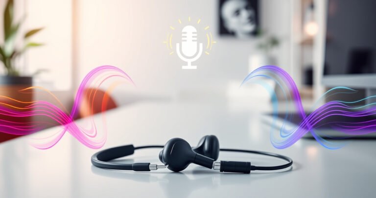 A stylish pair of Raycon earbuds resting on a sleek modern desk, surrounded by vibrant sound waves illustrated in colorful arcs. A subtle, glowing microphone icon hovers above them, while a blurred background showcases a cozy, tech-savvy workspace with soft lighting and minimalistic decor, inviting readers to explore the connection between sound and style.