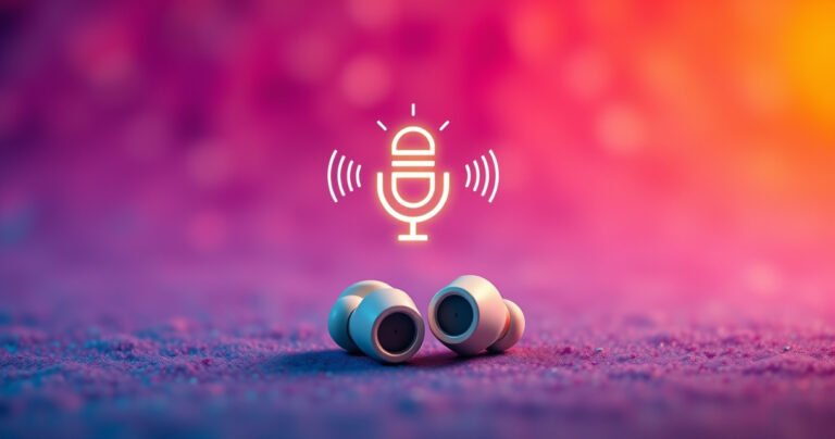 A sleek pair of Raycon earbuds resting on a vibrant, textured background, with sound waves visually emanating from them. In the foreground, a glowing microphone icon hovers above, symbolizing clarity and connectivity. Soft, ambient lighting highlights the modern design and colors of the earbuds, creating an inviting tech-savvy atmosphere.