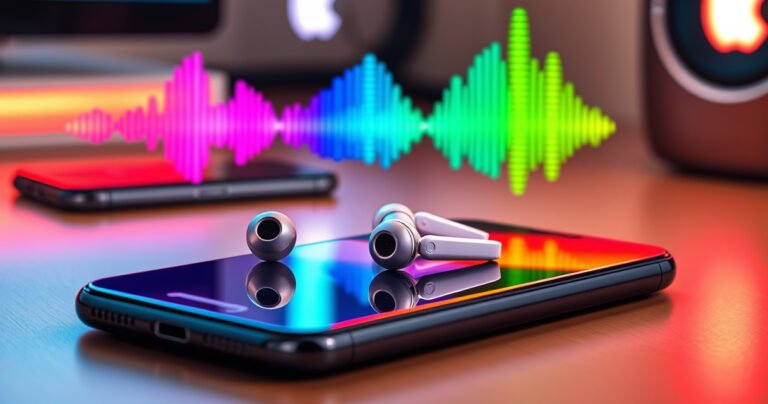 A sleek pair of Samsung earphones resting on a vibrant iPhone screen, surrounded by colorful sound waves emanating from the devices. The background is a modern, tech-inspired workspace, featuring hints of both brands, with a soft glow highlighting the earphones and phone, symbolizing connectivity and compatibility between the two.