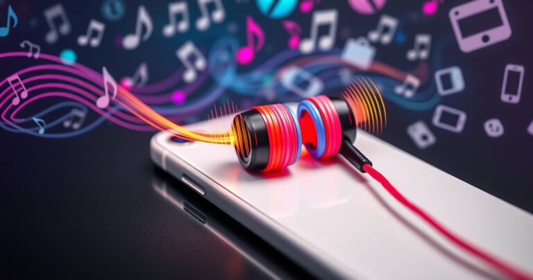 A close-up of colorful Skullcandy earbuds resting on a sleek white iPhone, with vibrant soundwaves visually emanating from the earbuds, surrounded by a dynamic backdrop of swirling musical notes and icons representing various devices, illustrating the theme of compatibility and sound quality in a lively, engaging style.