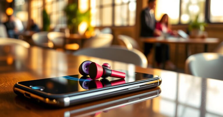 A sleek pair of Skullcandy earbuds resting on a modern, glossy iPhone screen, vibrant colors highlighting the earbuds' design. In the background, a soft-focus lifestyle setting with a cozy café ambiance, showcasing a user effortlessly enjoying music, surrounded by warm sunlight filtering through large windows, creating an inviting and tech-savvy atmosphere.