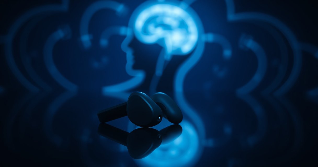 A close-up of sleek wireless earbuds resting on a dark, glossy surface, surrounded by swirling digital waves of light representing invisible radiation. In the background, a shadowy silhouette of a human figure listening intently, with subtle hints of a brain illuminated, symbolizing the connection between technology, health, and uncertainty.