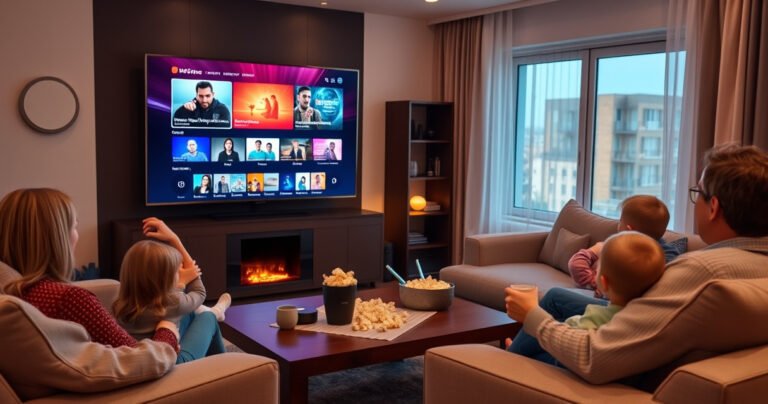 A cozy living room featuring a sleek smart TV displaying vibrant streaming content, surrounded by plush furniture and warm lighting. A family is enjoying movie night, with popcorn and drinks on a coffee table. Near a window, a subtle WiFi router glows softly, hinting at connectivity. The atmosphere radiates comfort and modern technology.