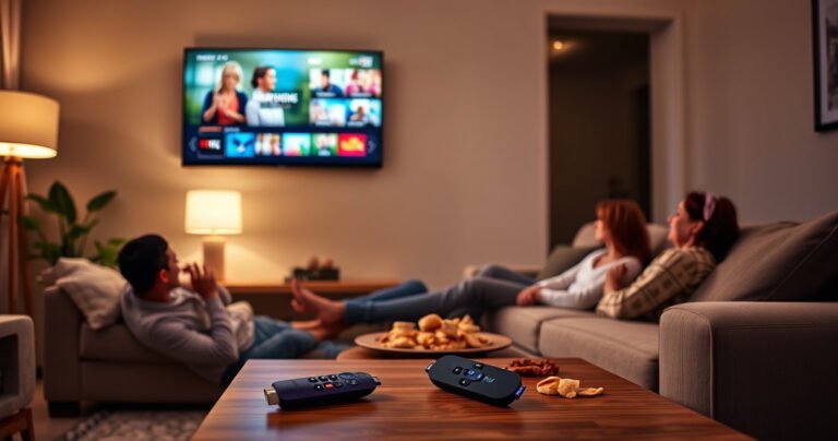 A cozy living room scene with a sleek smart TV on the wall, displaying vibrant streaming content. A family lounges on a comfortable couch, snacks scattered on a coffee table, warm light from a lamp creating an inviting atmosphere. A Roku remote lies prominently on the table, symbolizing the blend of technology and home life.