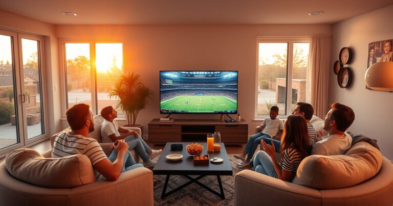 A cozy living room bathed in warm light, featuring a sleek smart TV displaying vibrant sports graphics. Plush sofas surround a coffee table with snacks and drinks, while a family joyfully watches the game. Large windows reveal a sunset, adding a golden hue to the atmosphere, emphasizing a perfect evening of entertainment and connection.