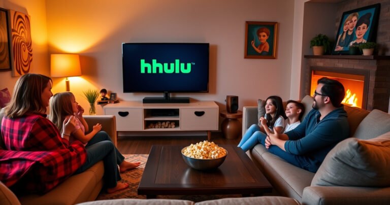 A cozy living room featuring a sleek smart TV displaying the Hulu logo, surrounded by plush sofas and warm lighting. A bowl of popcorn sits on the coffee table, and a happy family gathers around, engrossed in a movie, with vibrant wall art and a glowing fireplace adding a welcoming ambiance.