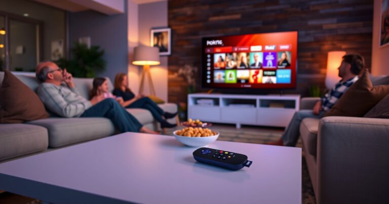 A cozy living room with a sleek Roku device on a modern coffee table, a vibrant TV displaying colorful streaming options, warm ambient lighting, plush sofas, and family members happily watching together. The atmosphere conveys a sense of connection and entertainment, with snacks scattered around, inviting viewers to enjoy streaming without needing a smart TV.