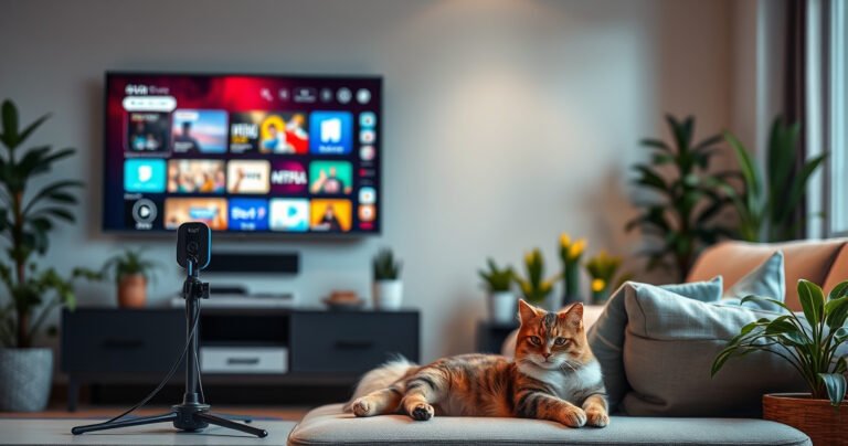 A sleek, modern living room featuring a wall-mounted smart TV displaying colorful streaming content. In the foreground, a stylish antenna with a futuristic design stands next to a cozy couch, surrounded by potted plants and warm lighting. A curious cat lounges nearby, creating a welcoming and tech-savvy atmosphere that invites exploration.
