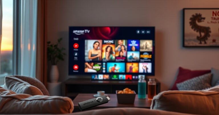 A cozy living room scene featuring a modern TV displaying vibrant streaming content, surrounded by a sleek Amazon Fire Stick remote and plush cushions. Soft ambient lighting enhances the inviting atmosphere, while a coffee table holds snacks and drinks, hinting at a movie night. A window reveals a sunset, adding warmth and relaxation to the setting.