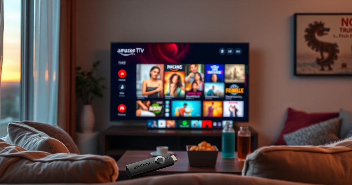 A cozy living room scene featuring a modern TV displaying vibrant streaming content, surrounded by a sleek Amazon Fire Stick remote and plush cushions. Soft ambient lighting enhances the inviting atmosphere, while a coffee table holds snacks and drinks, hinting at a movie night. A window reveals a sunset, adding warmth and relaxation to the setting.