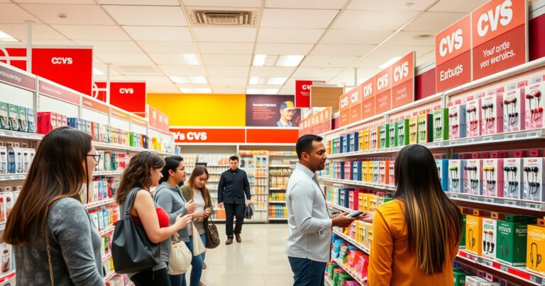 A brightly lit CVS store aisle showcasing an array of colorful earbuds neatly displayed on vibrant shelves. Shoppers browse with curiosity, while a friendly employee assists a customer. The cheerful atmosphere is accentuated by eye-catching promotional signs, and the glossy packaging of the earbuds glistens under the warm fluorescent lights.
