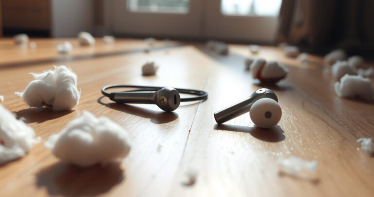A pair of sleek, modern earbuds lying on a hardwood floor, one earbud slightly cracked and the other gleaming, surrounded by soft, scattered cotton. Sunlight filters through a nearby window, illuminating the delicate details of the earbuds and casting gentle shadows, evoking a sense of concern and curiosity about their durability.