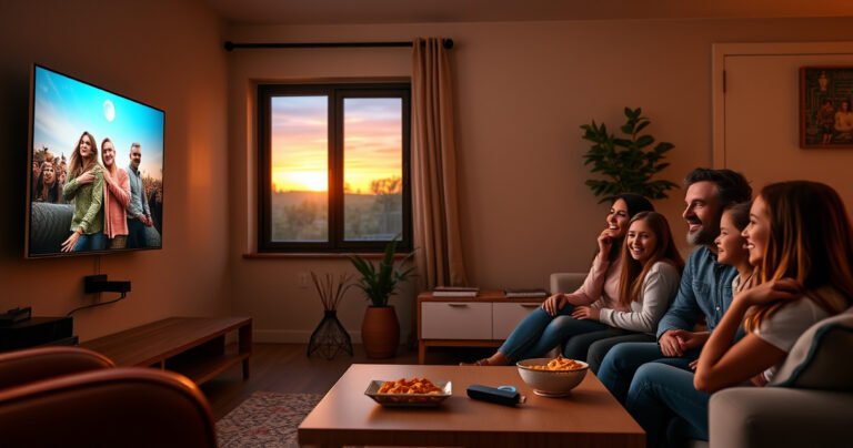 A cozy living room scene featuring a modern TV mounted on the wall, a Firestick plugged in, and a stylish coffee table with snacks and a remote. Soft ambient lighting casts a warm glow, while a window shows a sunset outside. A family is gathered, laughing and enjoying a movie night together.