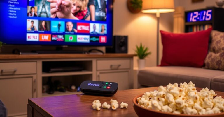 A cozy living room scene featuring a sleek Roku device beside a traditional TV, with a vibrant display of streaming options. A comfy couch adorned with pillows, popcorn scattered on a coffee table, and warm lighting creating an inviting atmosphere. In the background, a digital clock shows evening time, hinting at a perfect movie night ahead.