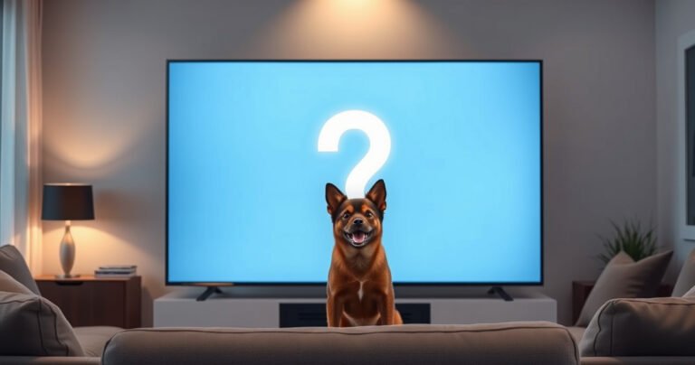 A sleek, modern living room with a large Smart TV displaying a glowing question mark, soft ambient lighting, and a subtle reflection of a hidden camera in the TV's bezel. Cozy furniture surrounds the TV, with a curious pet peeking from behind a couch, embodying a sense of mystery and technology in harmony.