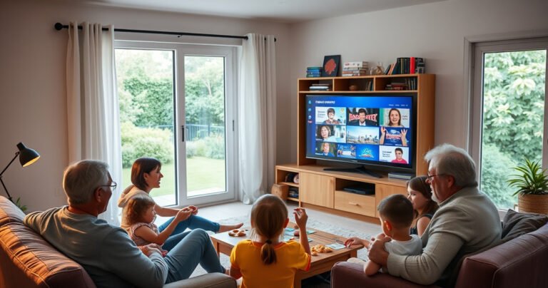 A cozy living room with a smart TV displaying vibrant offline content, a family gathered around, enjoying board games and snacks. Soft lighting casts a warm glow, while a bookshelf filled with games and novels stands in the background. A window reveals a serene garden, emphasizing the joy of offline connection amidst technology.