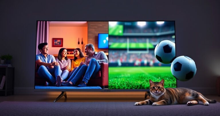 A sleek Vizio Smart TV displaying two vibrant scenes simultaneously, one side showcasing a family watching a movie in a cozy living room, the other side featuring a close-up of a football game. Soft ambient lighting highlights the TV’s modern design, while a curious cat lounges nearby, adding a touch of warmth and charm.