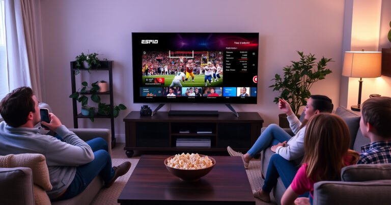 A cozy living room with a sleek Vizio Smart TV displaying the ESPN app interface, colorful sports highlights on-screen, a bowl of popcorn on a coffee table, soft ambient lighting, family members gathered on a comfortable couch, excitement in the air as they watch a thrilling game together, showcasing a vibrant, inviting atmosphere.