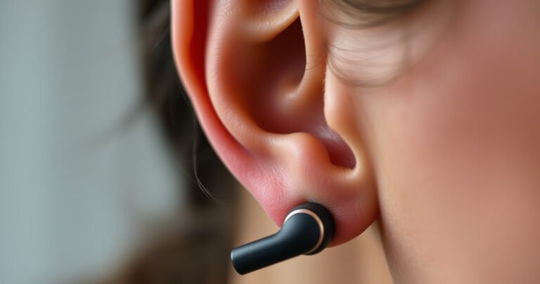 A close-up of a person's ear adorned with a delicate daith piercing, showcasing the intricate jewelry glinting under soft light. Nearby, a sleek pair of wireless earbuds rests, contrasting with the ear's curves. The background is blurred, emphasizing the ear's detail and the question of compatibility, creating a visually intriguing and engaging atmosphere.