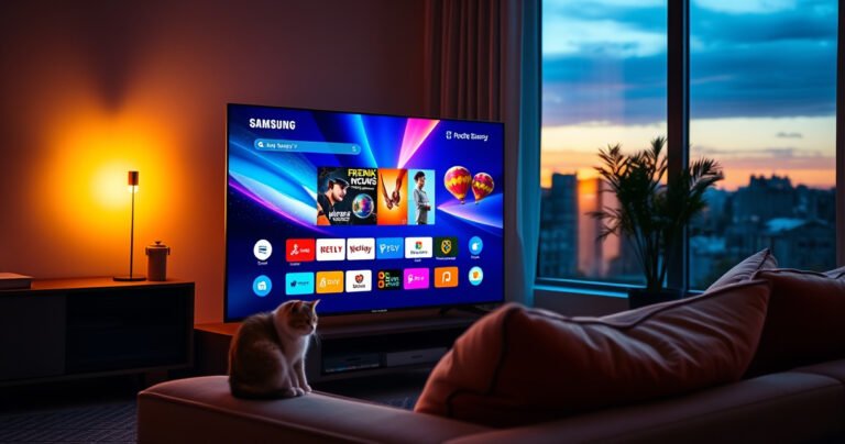 A sleek Samsung Smart TV sits in a modern living room, the screen displaying vibrant colors and digital content. Nearby, a curious cat peeks around the TV, illuminated by soft ambient lighting. A cozy sofa with plush cushions complements the high-tech atmosphere, while a window reveals a sunset casting warm hues across the room.