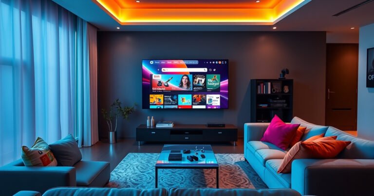 A sleek, modern living room featuring a large smart TV displaying an open web browser, vibrant colors illuminating the space. A cozy couch adorned with colorful cushions faces the screen, with a coffee table scattered with gadgets. Soft ambient lighting casts a warm glow, inviting viewers to explore the intersection of technology and home entertainment.