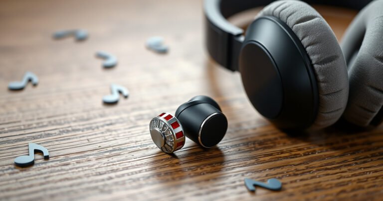 A close-up of sleek, modern earbuds and traditional earphones laid side by side on a textured wooden surface, with soft ambient lighting highlighting the contrasting designs. One earbud glimmers with metallic accents, while the earphone features plush cushions, surrounded by scattered music notes to symbolize sound and connection.