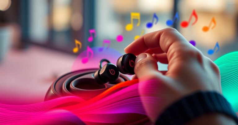 A close-up of sleek Beats earbuds nestled in a stylish, modern setting, surrounded by colorful sound waves visually emanating from them. Soft, ambient lighting highlights their ergonomic design, while a hand adjusts the earbuds in a backdrop of vibrant music notes, conveying comfort and connectivity in a dynamic, upbeat atmosphere.