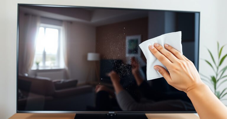A gleaming smart TV screen reflecting a vibrant living room, with sunlight streaming through a window, illuminating dust particles in the air. A pristine microfiber cloth rests beside the TV, and a gentle hand reaches out to wipe the screen, showcasing the contrast between the clean and smudged surfaces, evoking a sense of clarity and care.