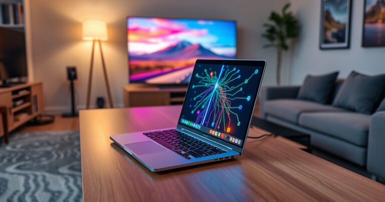 A sleek laptop perched on a modern wooden desk, its screen displaying a vibrant, colorful connection diagram. In the background, a large flat-screen TV glows with a vivid landscape image. A cozy living room setting with soft lighting, a comfortable couch, and cables neatly arranged, creating a welcoming atmosphere for tech-savvy readers.