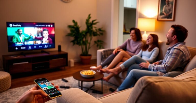 A cozy living room with a sleek smart TV displaying vibrant content, a smartphone wirelessly connected nearby, and a family gathered on a plush couch, laughing and enjoying the moment. Soft ambient lighting creates a warm atmosphere, while scattered remote controls and snack bowls add a casual, inviting touch to the scene.