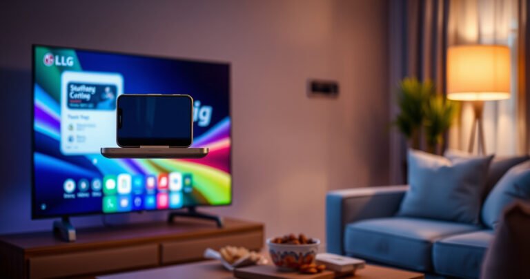 A sleek iPhone perched atop a modern LG TV, vibrant screen displaying a seamless connection interface, colorful app icons glowing, and a cozy living room setting with soft lighting, plush furniture, and a coffee table adorned with snacks, symbolizing the joy of digital connectivity and entertainment, inviting viewers to explore the fusion of technology and comfort.