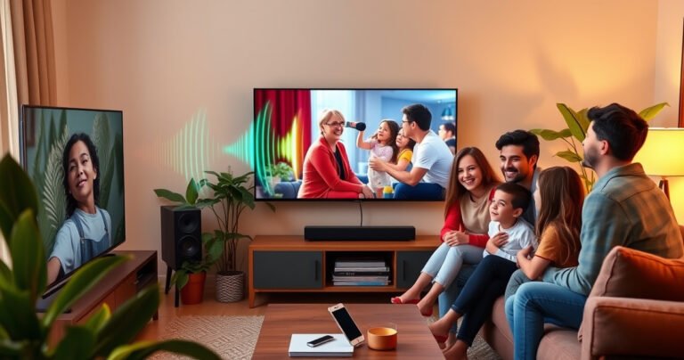 A cozy living room scene showcasing a sleek, modern TV connected to stylish wireless speakers, vibrant sound waves visually emanating from the speakers. Lush green plants decorate the space, and warm ambient lighting creates an inviting atmosphere. A friendly family gathers around, smiling as they enjoy their favorite movie, emphasizing effortless technology integration.