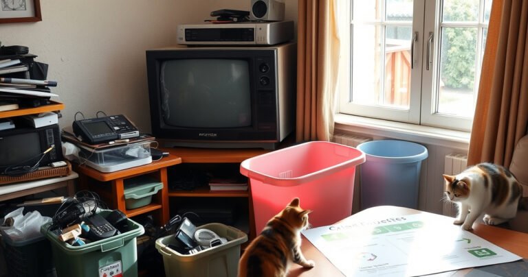 A cluttered living room corner with an old, dusty television on a wooden stand, surrounded by recycling bins filled with electronics. Sunlight streams through a nearby window, illuminating a step-by-step guide on a table, featuring arrows and icons for disposal options, while a friendly cat curiously inspects the scene.