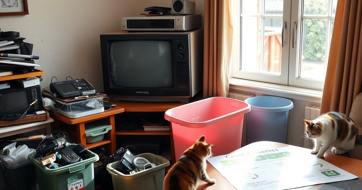 A cluttered living room corner with an old, dusty television on a wooden stand, surrounded by recycling bins filled with electronics. Sunlight streams through a nearby window, illuminating a step-by-step guide on a table, featuring arrows and icons for disposal options, while a friendly cat curiously inspects the scene.