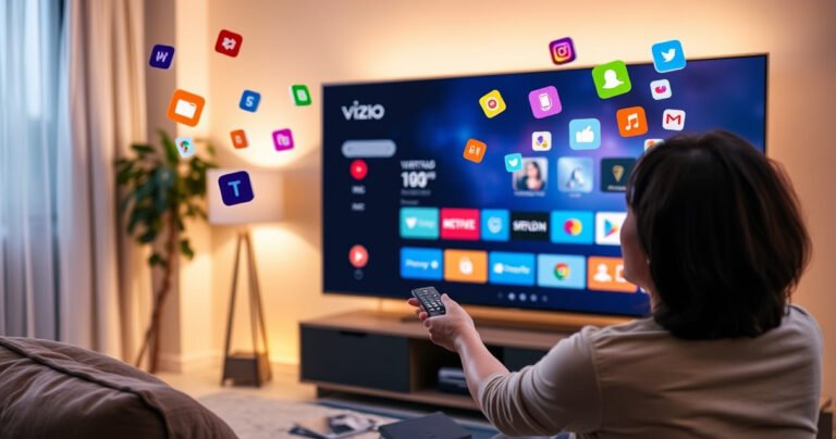 A sleek Vizio Smart TV glowing in a cozy living room, surrounded by vibrant, colorful app icons floating in the air. A person joyfully interacting with the TV remote, with a backdrop of modern decor, soft lighting, and a hint of a digital interface displayed on the screen, illustrating the ease of downloading apps.