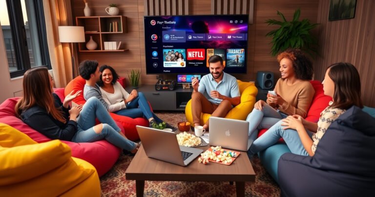 A vibrant, inviting scene of a cozy living room filled with colorful bean bags, a large TV displaying a streaming service interface, and a laptop on a coffee table, surrounded by popcorn and snacks, with a cheerful, diverse group of friends excitedly discussing their favorite TV series and sharing tips on downloading content legally.