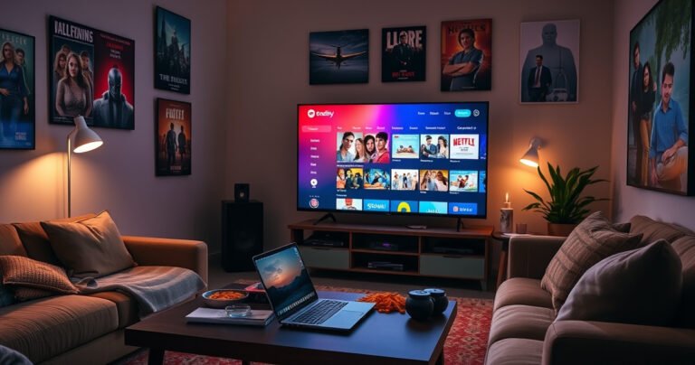 A cozy living room with a large, vibrant TV displaying a colorful streaming interface, surrounded by snacks and a laptop open on a coffee table. Soft lighting casts a warm glow, while a plush couch invites relaxation. Posters of popular TV shows adorn the walls, creating an inviting atmosphere for binge-watching.