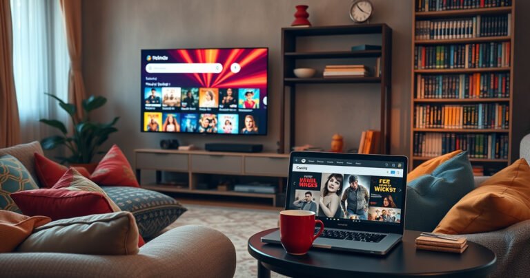 A cozy living room scene with a large TV displaying vibrant streaming options, a laptop open with a search bar, colorful cushions scattered around, soft ambient lighting, a steaming mug of tea on a side table, and a bookshelf filled with classic DVDs, evoking a warm, inviting atmosphere for a movie night.